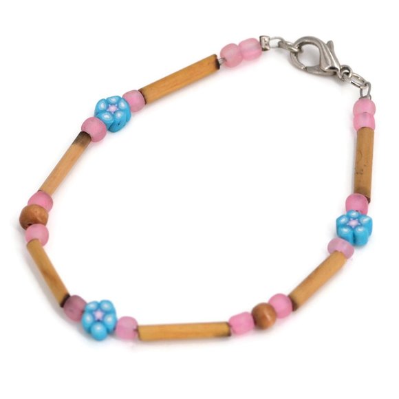 Pink Blue Beaded Bracelet Reed Fimo Frosted Glass 7.25" - Picture 1 of 3